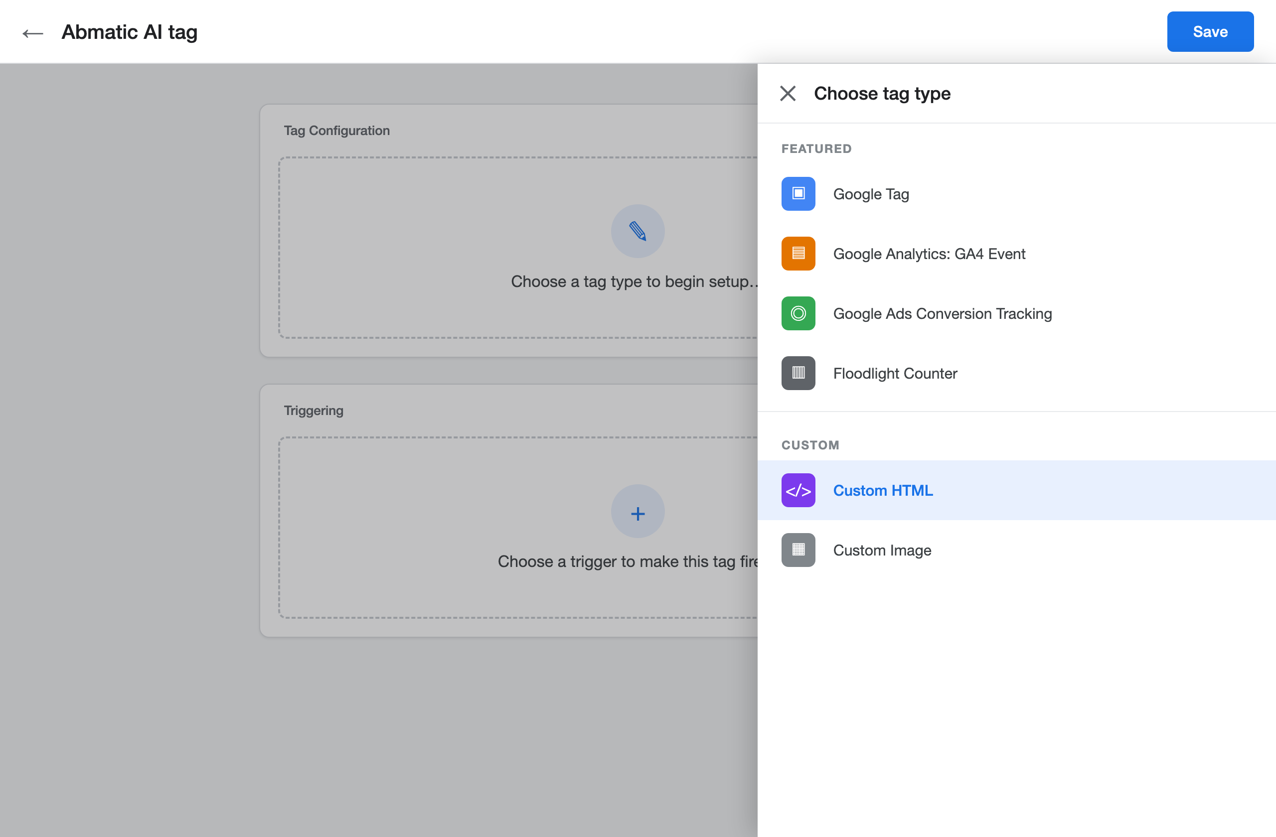 Google Tag Manager Choose tag type panel with Custom HTML selected under the Custom section