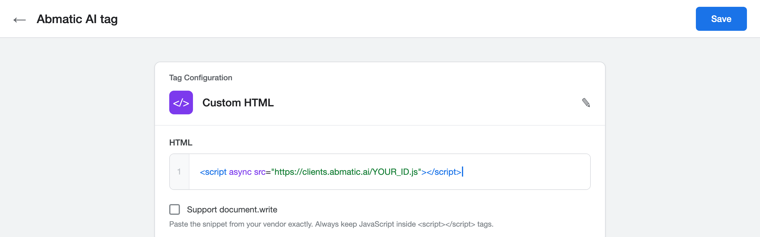 Google Tag Manager Custom HTML tag configuration with a script snippet pasted into the HTML field