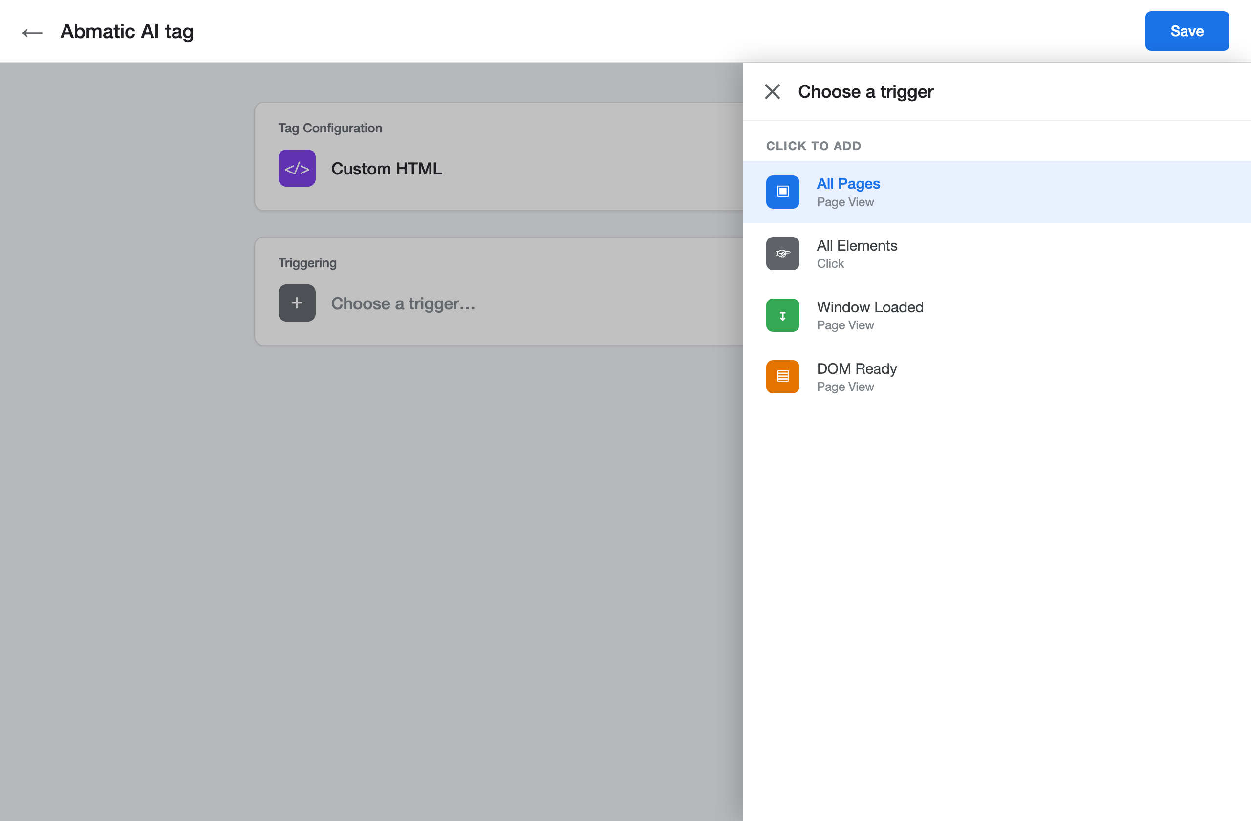 Google Tag Manager Choose a trigger panel with All Pages selected for a Custom HTML tag