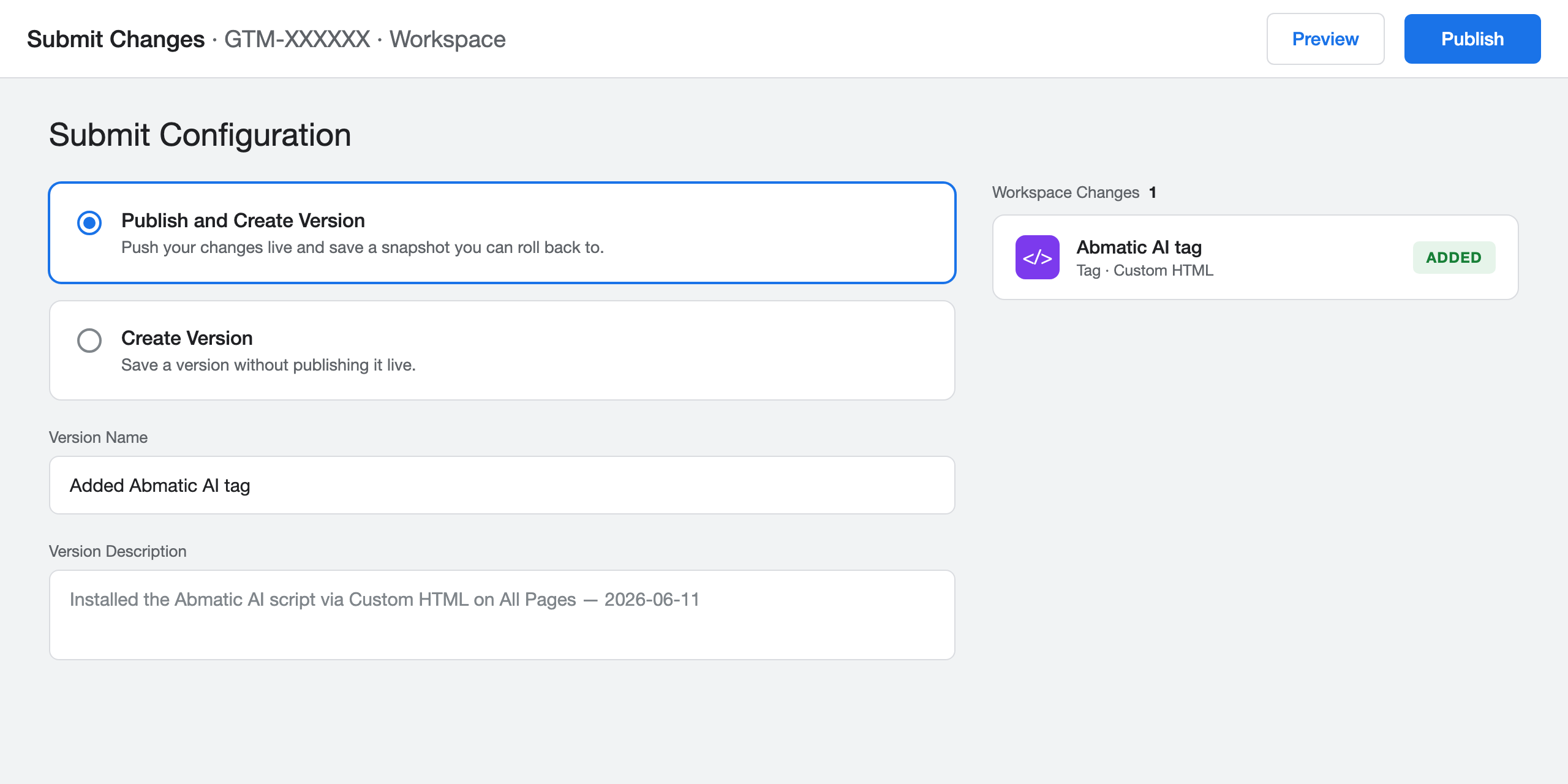 Google Tag Manager Submit Configuration screen showing Publish and Create Version selected with the new tag listed as added